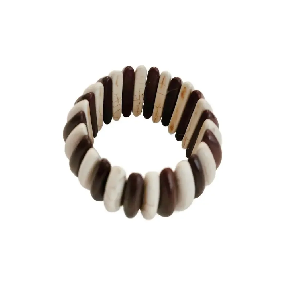 Vintage Chunky Marbled Creme and Brown Stone Stretch Bracelet